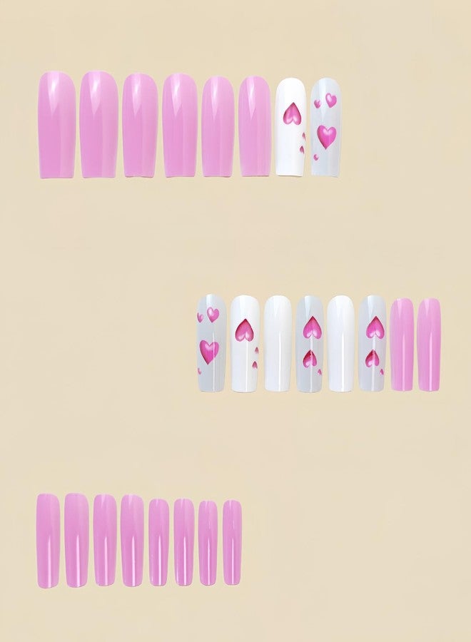 TBRZTR Pink Love Heart Valentine's Press on Nails Square Medium False Nails Pink Acrylic Nails Full Cover Stick on Nails Valentine's Nails Press Ons Artificial Glue on Nails for Women Holiday Nails - Image 2